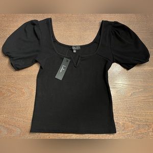 Effortless Black Ribbed Notched Puff Sleeve Top (M)